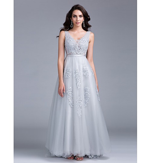 Cocktail Party / Formal Evening Dress A-line V-neck Sweep / Brush Train Tulle with Beading / Lace / Sequins  