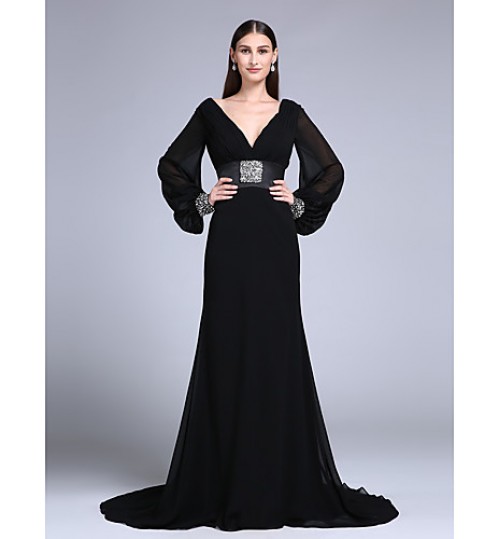 TS Couture? Formal Evening / Military Ball Dress - Open Back Plus Size / Petite Trumpet / Mermaid V-neck Sweep / Brush Train Chiffon with Beading  