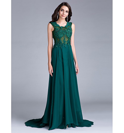 Formal Evening Dress A-line Scoop Court Train Chiffon with Appliques / Beading  