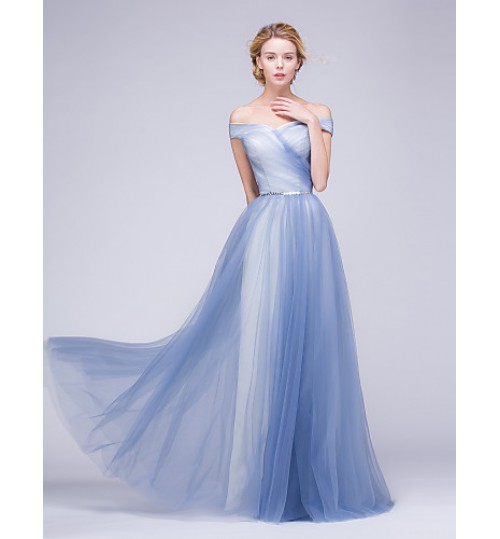 Formal Evening Dress A-line Off-the-shoulder Floor-length Tulle with Beading / Sash / Ribbon / Side Draping  