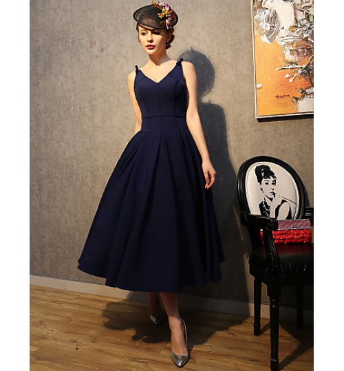 Cocktail Party Dress A-line Spaghetti Straps Tea-length Satin / Taffeta / Polyester with Bow(s)  