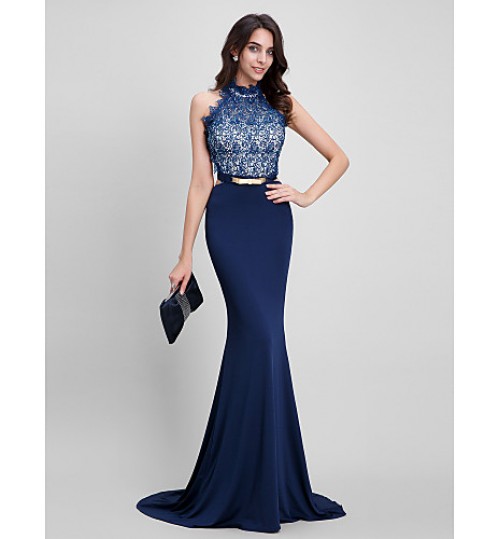 TS Couture? Formal Evening Dress Trumpet / Mermaid Halter Sweep / Brush Train Lace / Jersey with Beading / Lace  