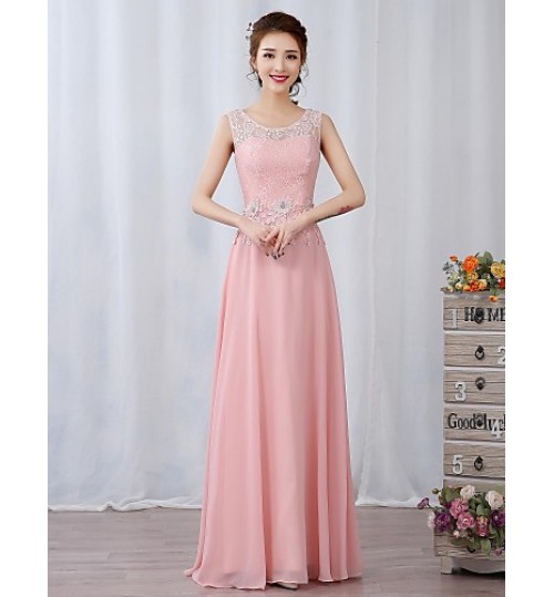 Cocktail Party / Formal Evening Dress A-line Jewel Floor-length Chiffon / Lace with Appliques / Beading / Flower(s)  