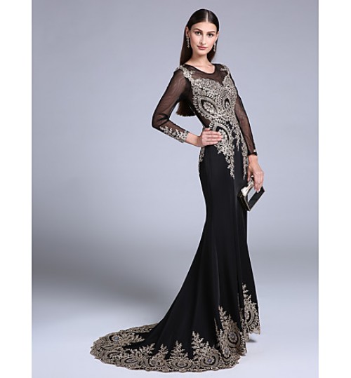 Formal Evening Dress Trumpet / Mermaid Off-the-shoulder Sweep / Brush Train Chiffon with Appliques  