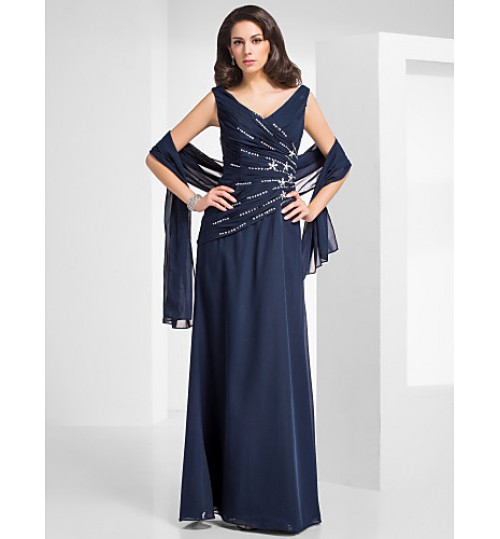 TS Couture? Formal Evening / Military Ball Dress - Elegant Plus Size / Petite Sheath / Column V-neck Floor-length Chiffon with Beading / Criss Cross  