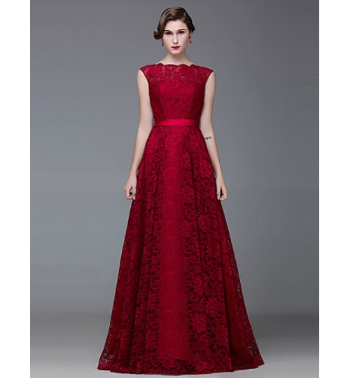 Formal Evening Dress A-line Bateau Floor-length Lace / Satin with Lace / Sash / Ribbon  