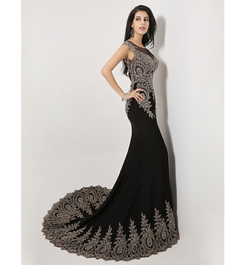 Formal Evening Dress Trumpet / Mermaid Scoop Sweep / Brush Train Spandex with Crystal Detailing  