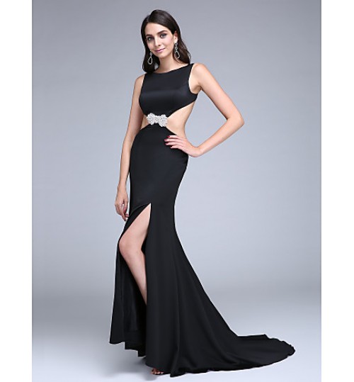 TS Couture? Formal Evening Dress Sheath / Column Bateau Sweep / Brush Train Stretch Satin with Split Front  