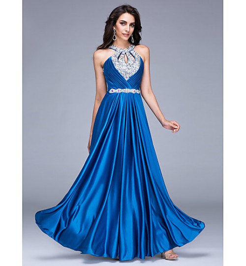 Formal Evening Dress A-line Halter Floor-length Satin with Beading  