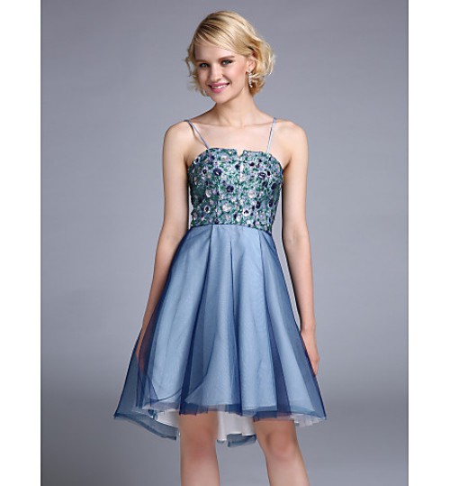 Cocktail Party Dress - Sparkle &amp; Shine A-line Spaghetti Straps Asymmetrical Tulle / Sequined with Lace / Sequins  