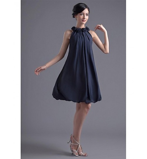 Cocktail Party Dress A-line Jewel Knee-length Chiffon with Draping / Flower(s)  