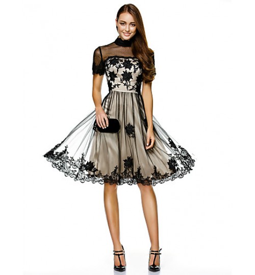 TS Couture? Cocktail Party / Company Party Dress A-line High Neck Knee-length Tulle with Appliques / Lace  