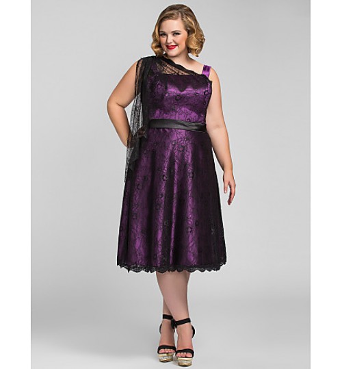 TS Couture? Cocktail Party / Homecoming / Holiday Dress - Elegant Plus Size / Petite A-line Tea-length Lace / Stretch Satin withLace / Sash / Ribbon  