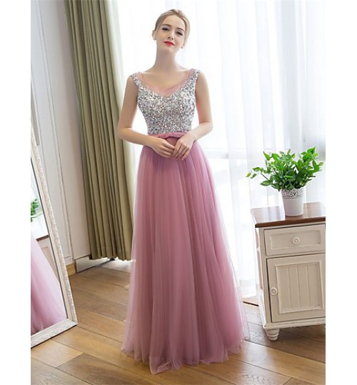 Cocktail Party / Formal Evening Dress Sheath / Column Scoop Floor-length Satin / Tulle with Sequins  