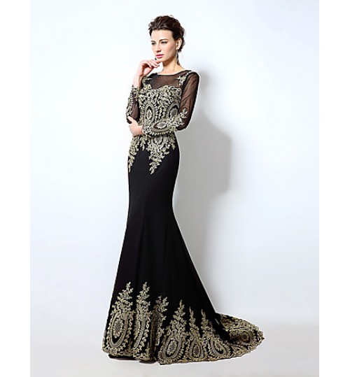 Formal Evening Dress Trumpet / Mermaid Off-the-shoulder Sweep / Brush Train Chiffon with Appliques  