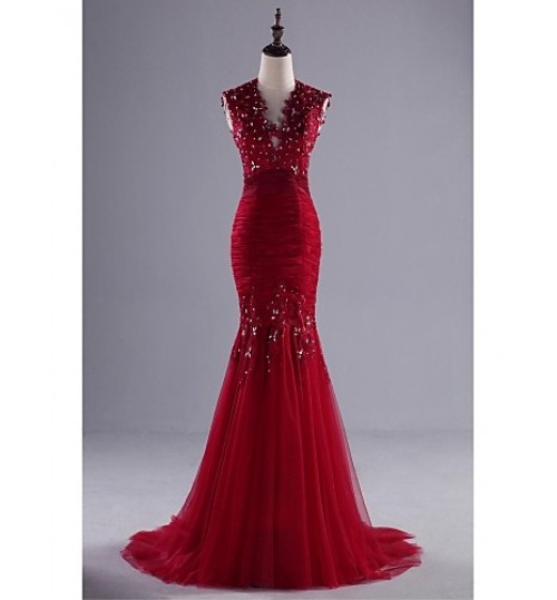 TS Couture? Formal Evening Dress Trumpet / Mermaid V-neck Sweep / Brush Train Lace / Tulle with Appliques / Beading / Lace / Sequins  