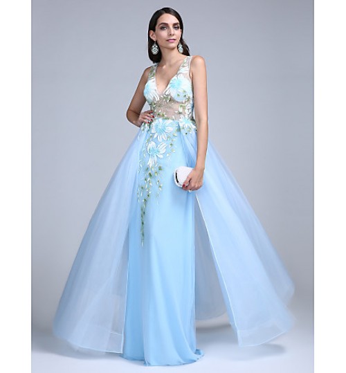 TS Couture? Formal Evening Dress A-line V-neck Floor-length Tulle with Pattern / Print  