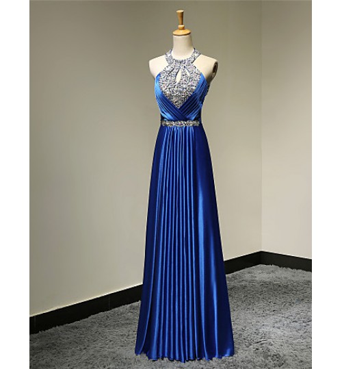 Formal Evening Dress A-line Halter Floor-length Satin with Beading  