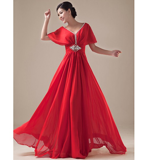 Formal Evening / Holiday / Company Party / Family Gathering Dress - Open Back / Elegant A-line V-neck Floor-length Chiffon with Beading  