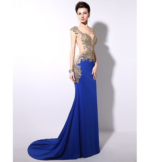 Formal Evening / Black Tie Gala Dress - Sexy / See Through / Beautiful Back Trumpet / Mermaid Square Sweep / Brush Train Jersey with  