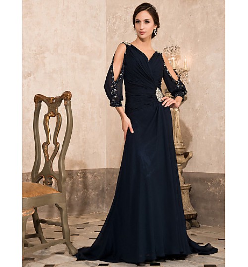 TS Couture? Formal Evening / Military Ball Dress Plus Size / Petite A-line / Princess V-neck Sweep / Brush Train Chiffon with Beading / Crystal  