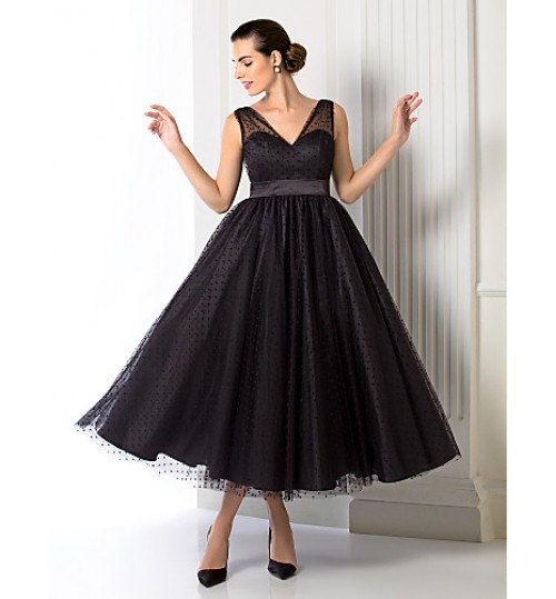 TS Couture? Formal Evening / Company Party Dress - 1950s Plus Size / Petite A-line / Princess V-neck Tea-length Tulle with Sash / Ribbon  