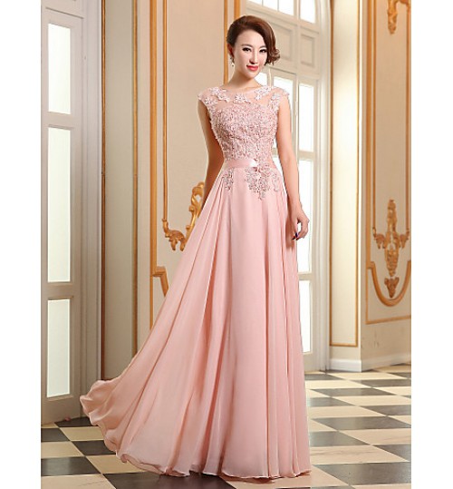 Prom / Formal Evening Dress - Lace-up A-line Jewel Floor-length Georgette with Appliques / Beading / Pearl Detailing  