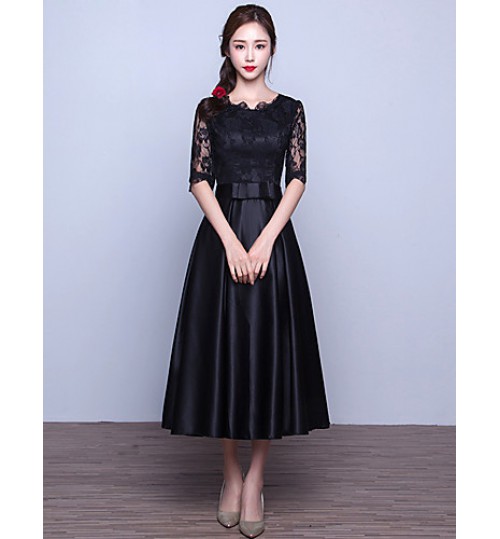 Formal Evening Dress A-line Jewel Tea-length Lace / Satin with Sash / Ribbon  