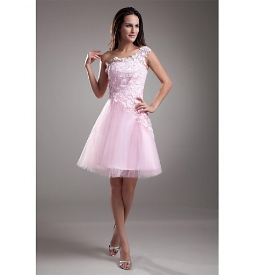 Cocktail Party Dress A-line One Shoulder Short / Mini Tulle with Appliques / Lace  