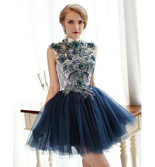 Cocktail Party Dress A-line High Neck Short / Mini Lace / Tulle with Beading / Flower(s) / Sequins  