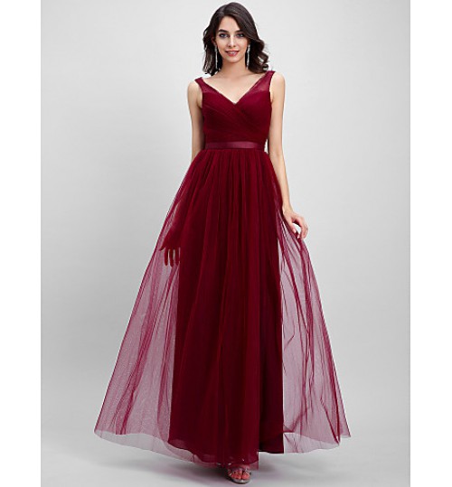 TS Couture? Ankle-length Tulle Bridesmaid Dress A-line V-neck with Criss Cross  