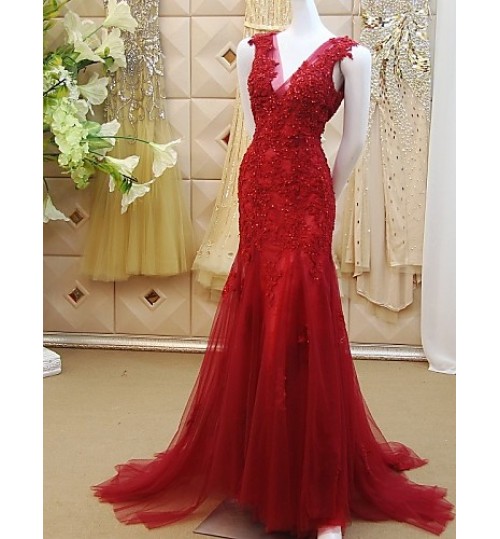 Formal Evening Dress Trumpet / Mermaid V-neck Sweep / Brush Train Lace / Tulle with Appliques / Beading / Sequins  