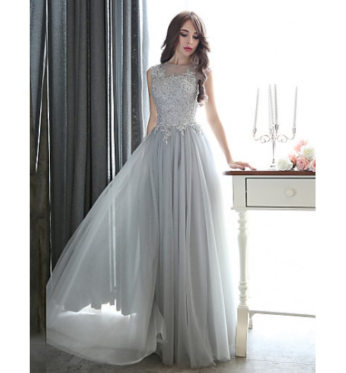 Formal Evening / Black Tie Gala Dress Sheath / Column Bateau Floor-length Tulle with Appliques / Beading  