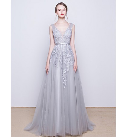 Cocktail Party / Formal Evening Dress A-line V-neck Sweep / Brush Train Tulle with Beading / Lace / Sequins  