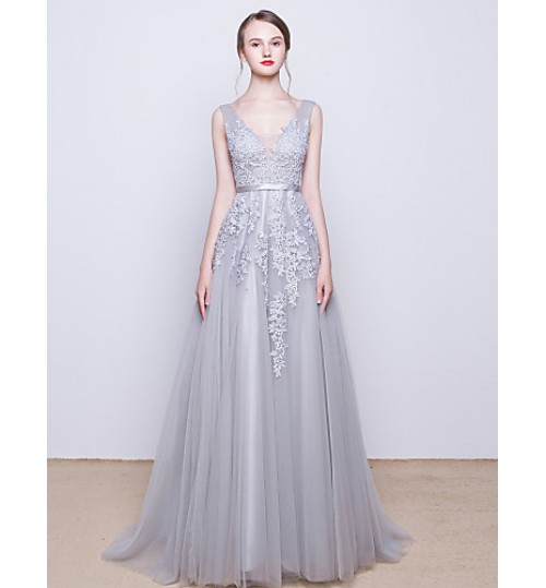 Cocktail Party / Formal Evening Dress A-line V-neck Sweep / Brush Train Tulle with Beading / Lace / Sequins  