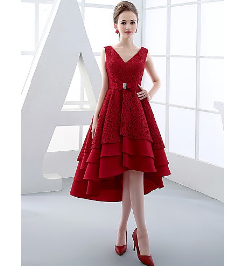 Cocktail Party Dress Ball Gown V-neck Asymmetrical Lace / Satin with Bow(s) / Lace / Sash / Ribbon  