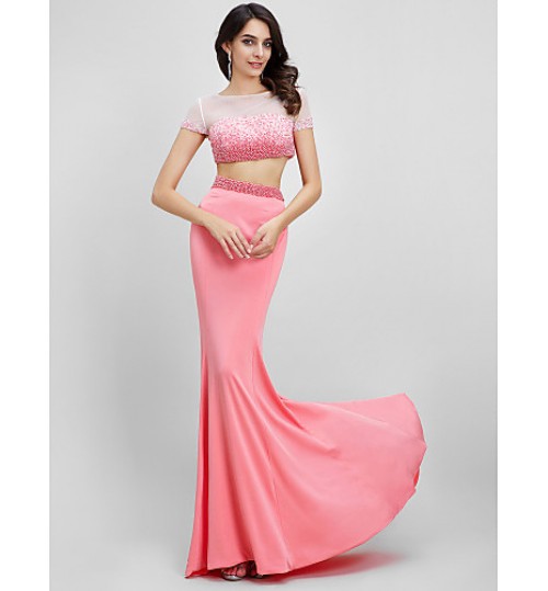 TS Couture? Formal Evening Dress Trumpet / Mermaid Bateau Sweep / Brush Train Jersey with Beading  