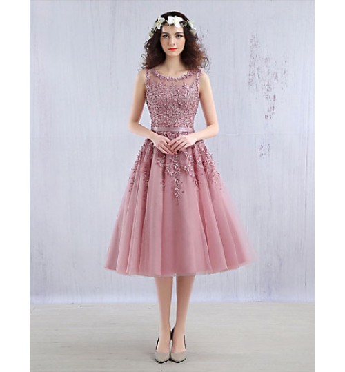 Cocktail Party Dress Ball Gown Jewel Tea-length Lace / Tulle with Beading / Lace  