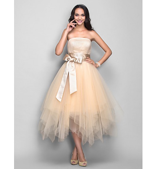 TS Couture? Cocktail Party / Homecoming / Holiday Dress - 1950s Plus Size / Petite A-line Strapless Tea-length Tulle with Draping / Sash / Ribbon  