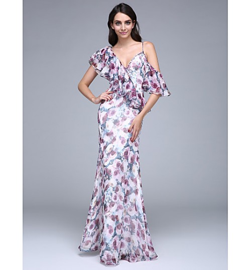 TS Couture? Formal Evening Dress Sheath / Column V-neck Floor-length Chiffon with Ruffles / Buttons  