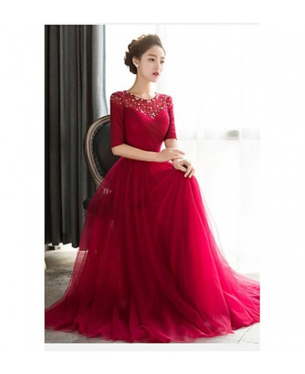 Formal Evening Dress Sheath / Column Jewel Floor-Length Tulle With Beading