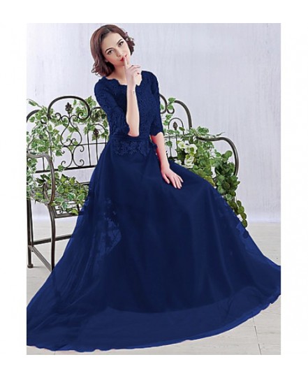 Formal Evening Dress A-Line Scoop Floor-Length Chiffon With Appliques