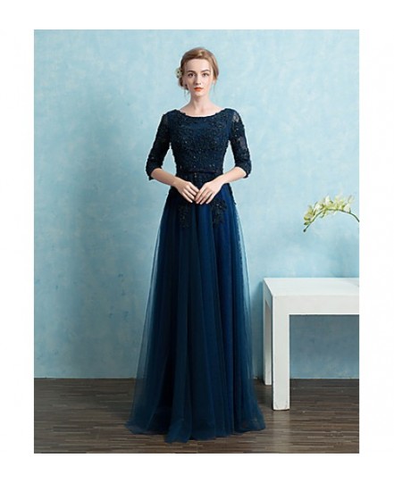 Formal Evening Dress Sheath / Column Scoop Floor-Length Lace / Satin / Tulle With Beading / Bow(S) / Sash / Ribbon